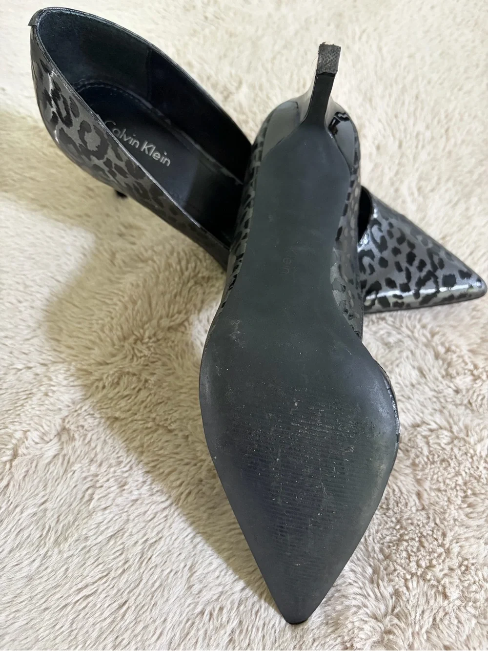 Calvin Klein Metallic Silver Leopard-Print Pointed Pumps